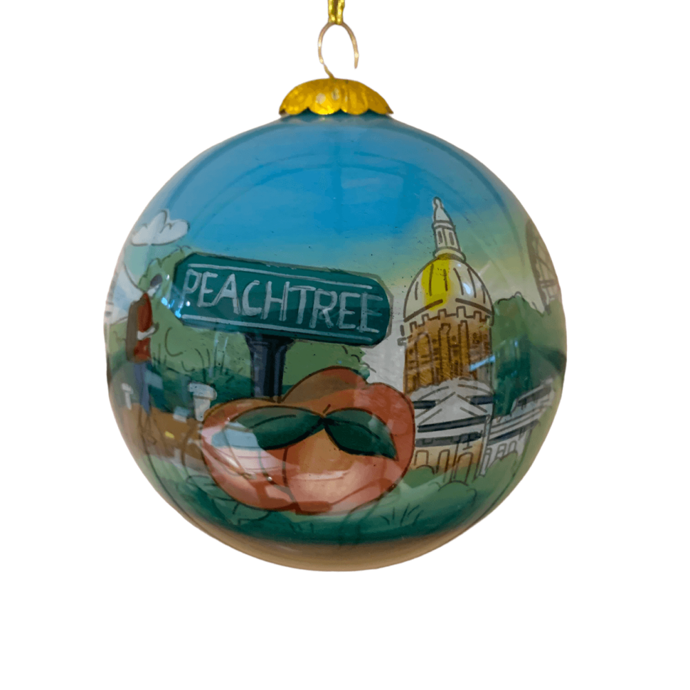 Atlanta decorative glass ball ornament with a street sign and peach design on a white background