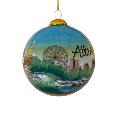 Decorative round ornament with Atlanta skyline on a white background