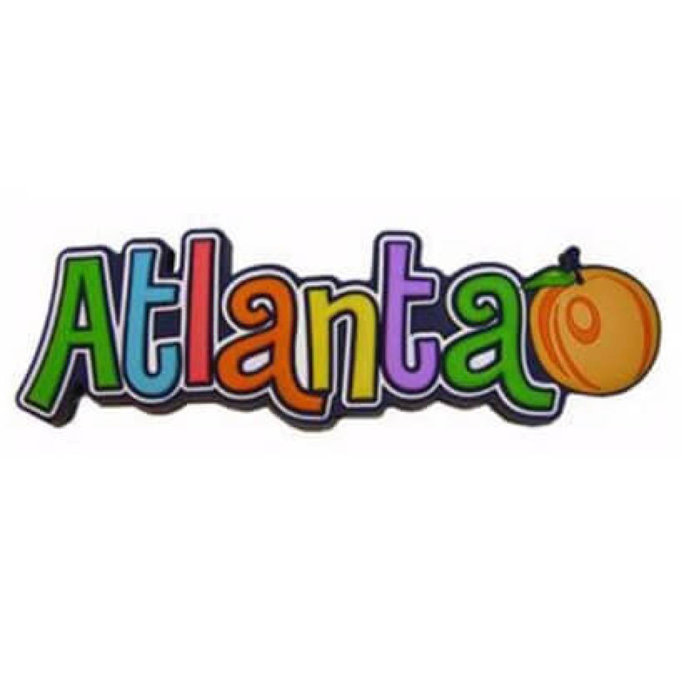 Rubber Atlanta Magnet with Atlanta letters in different colors and Peach at the end