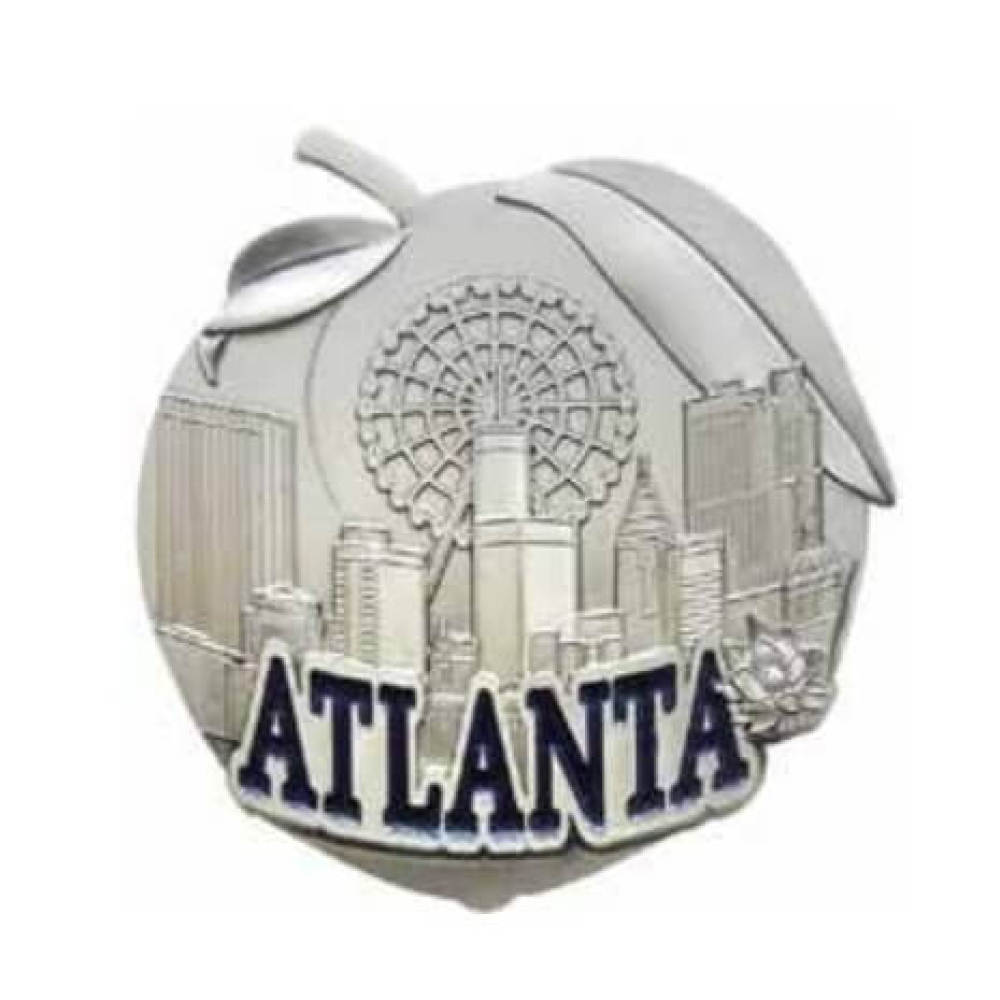 Peach shaped Atlanta skyline magnet made of pewter with raised design
