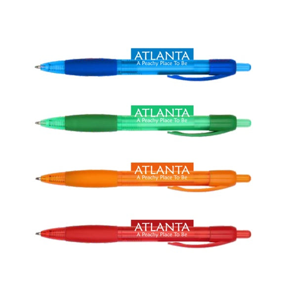 Four retractable ballpoint pens in blue, green, orange, and red, each with a custom printed &