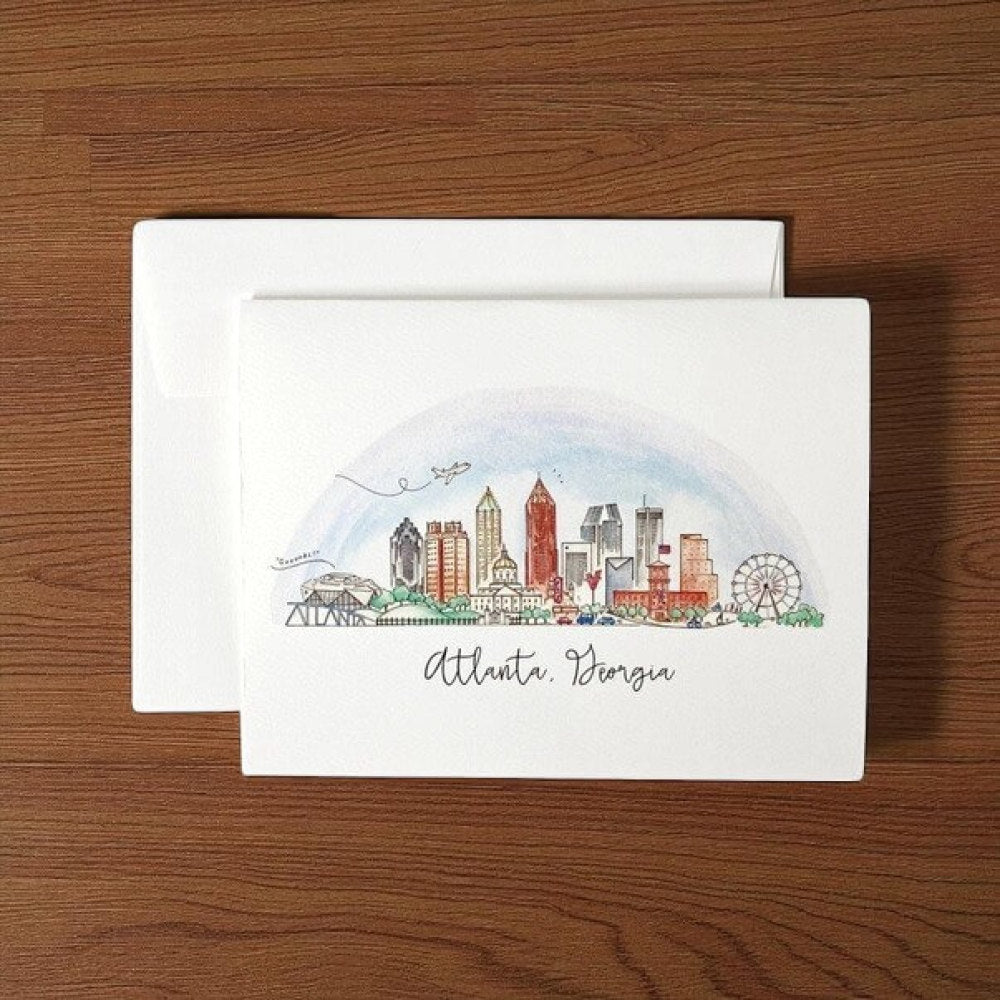 Note card features the Atlanta skyline in soft watercolors