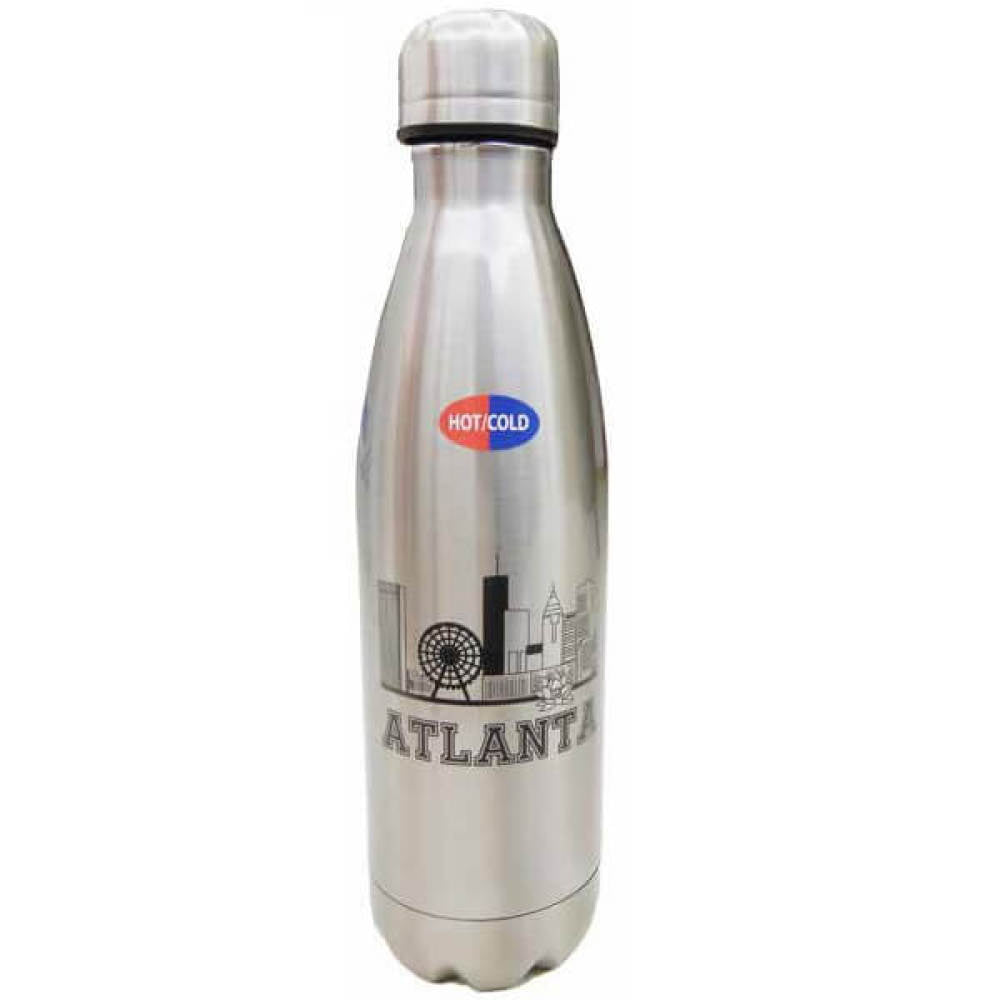 Stainless steel Atlanta water bottle with black imprint of the Atlanta skyline