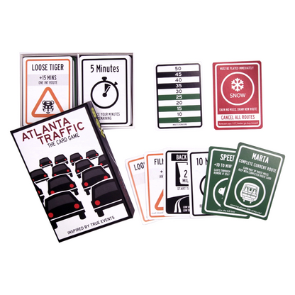 Collection of Atlanta Traffic card game cards with various designs and text on a white background
