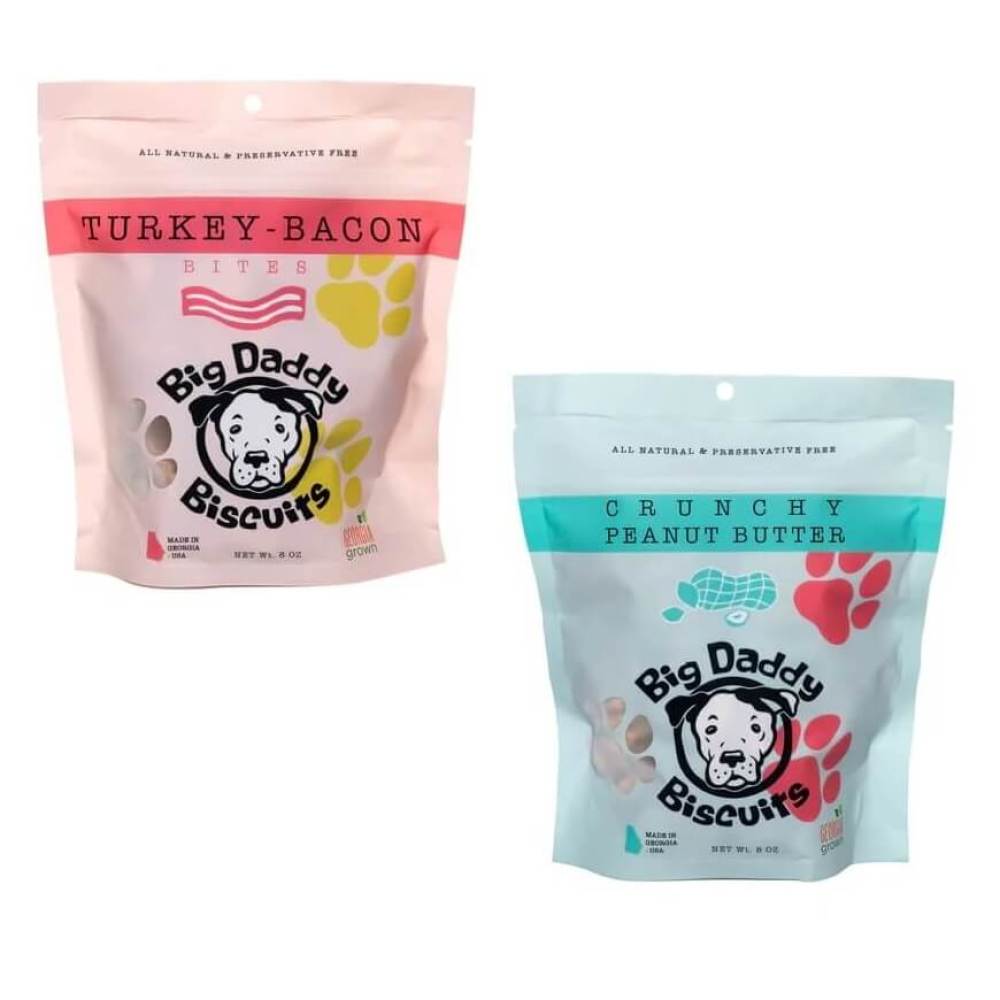 Two bags of Big Daddy Dog Biscuits in turkey bacon and peanut butter
