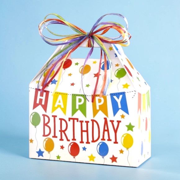 Gift box with 'Happy Birthday' text and colorful ribbon on a blue background