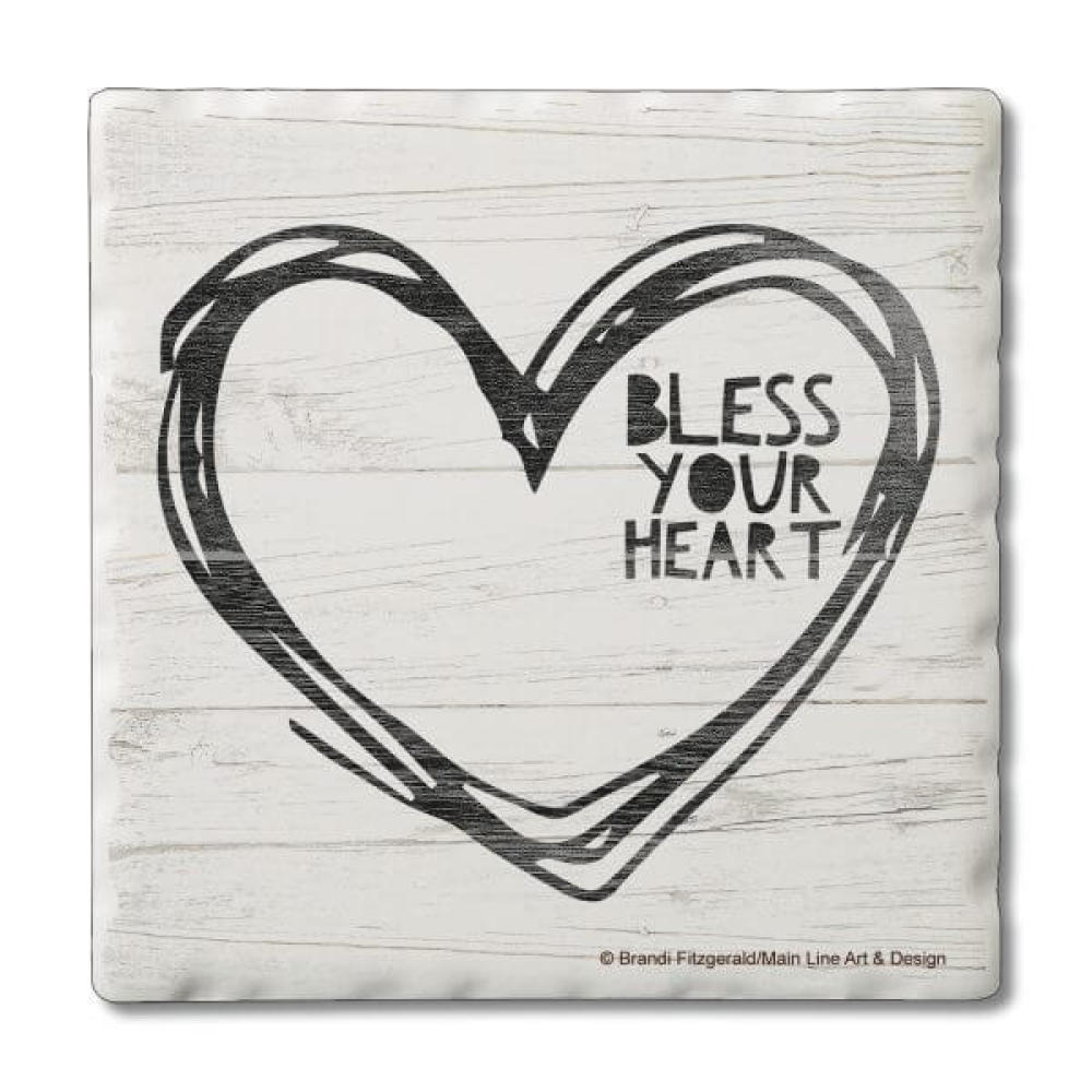 Absorbent coaster that reads Bless Your Heart inside a heart design
