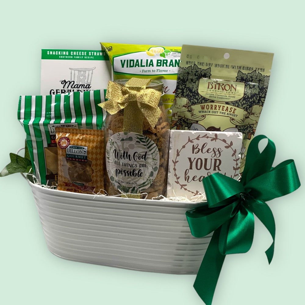 Inspirational gift basket in white metal tin with cookie jar with scripture, bless your heart coaster, tea and assorted snacks