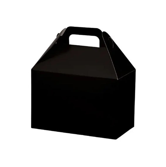 A black cardboard gable gift box with a built-in carry handle, shown on a plain white background.