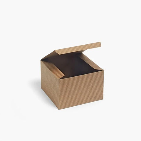A small open brown corrugated cardboard box with a folding lid, shown on a clean white background.