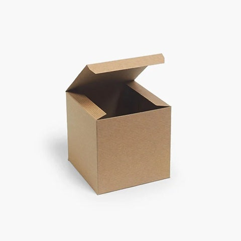 A 6x6x6 open brown cardboard box with a folding lid, shown on a clean white background.