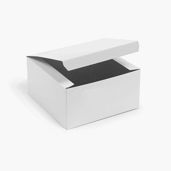 A plain white cardboard box with its lid partially open, shown on a clean white background.