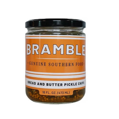 Jar of Bramble Bread and Butter Pickle Chips on a white background