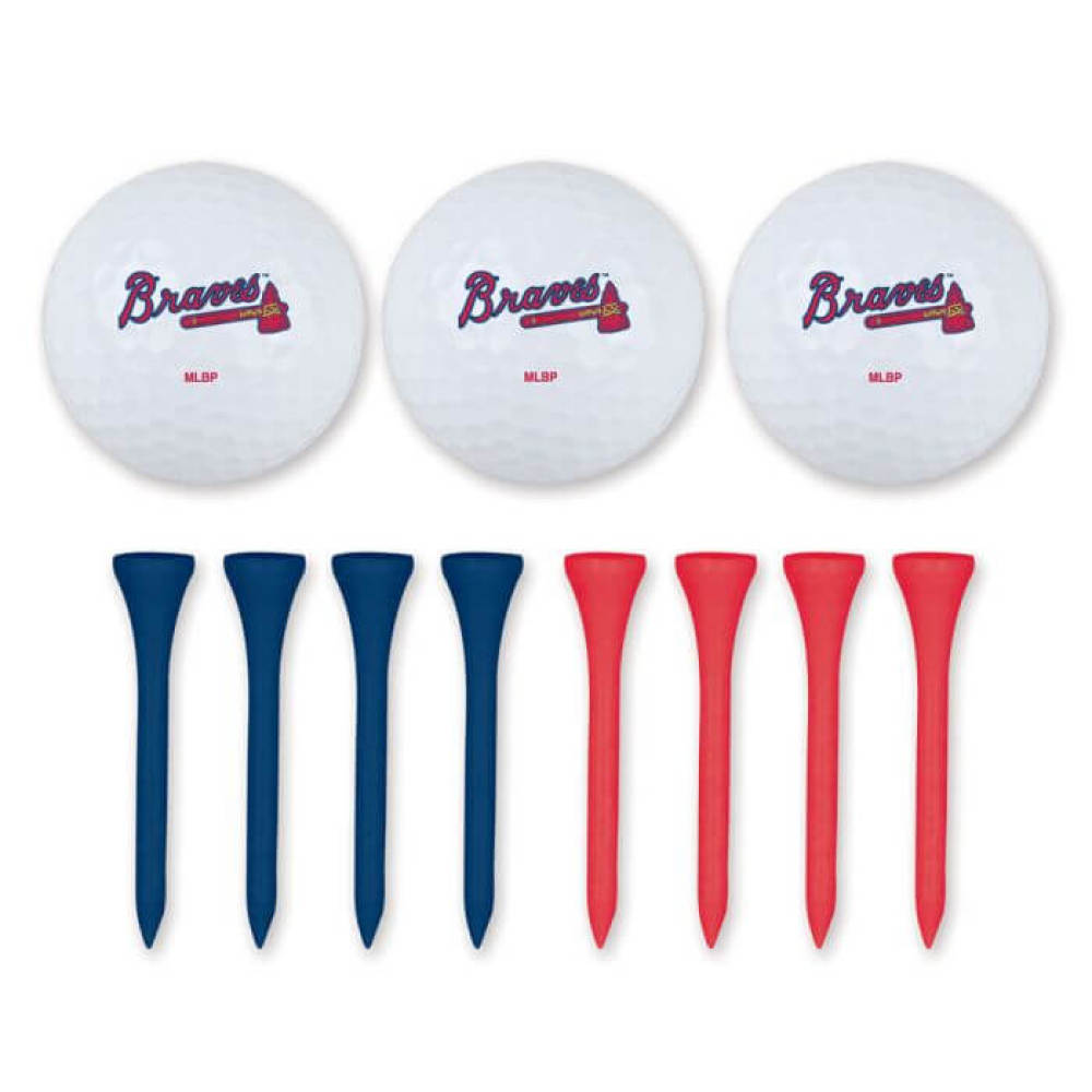 Set of three golf balls and tees with the Atlanta Braves logo