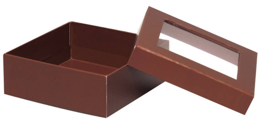 Brown rectangular box with a clear window on a white background