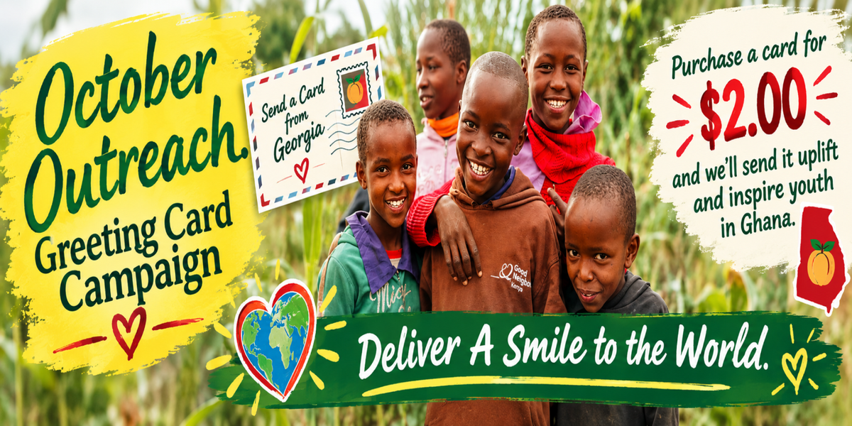 Promotional banner for an October Outreach Greeting Card Campaign to Ghana, featuring a group of smiling children outdoors with text overlays and a small card design example