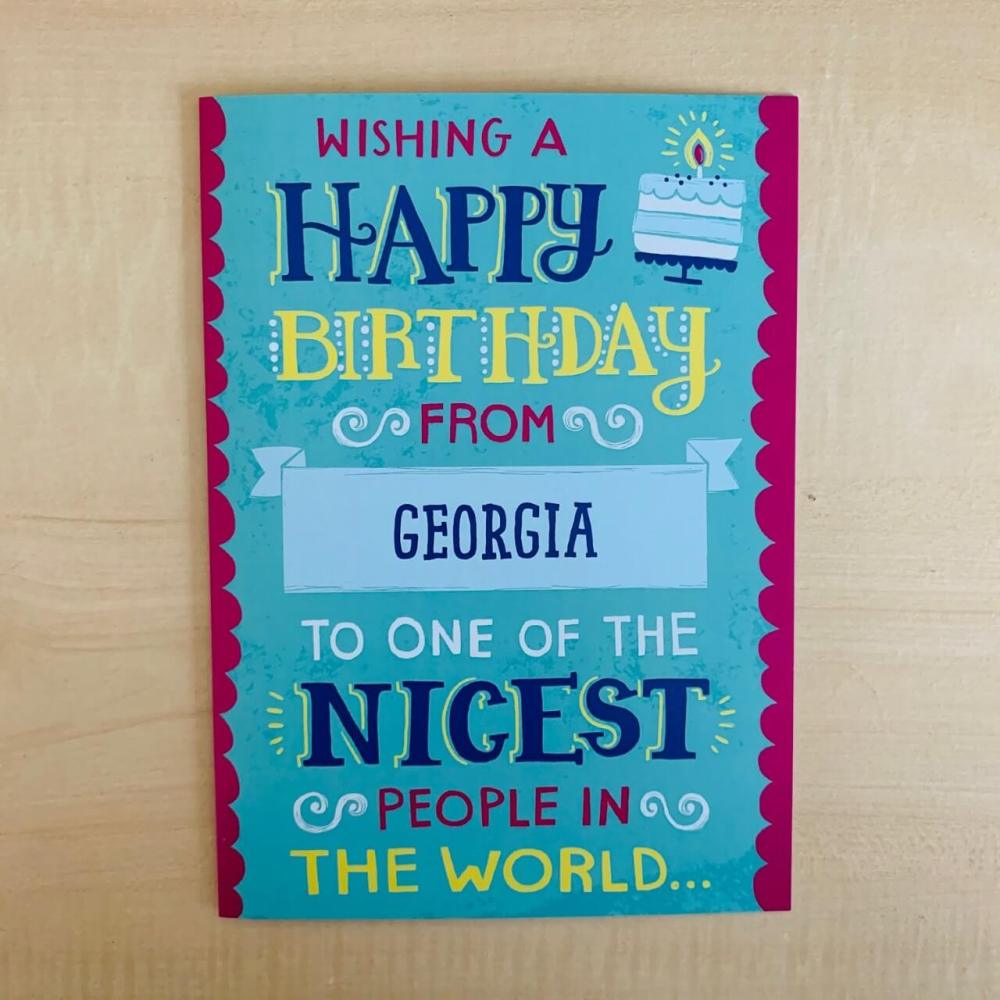 Nicest People Birthday Card with wishing a happy birthday from Georgia to one of the nicest people in the world... in blue, red and yellow writing