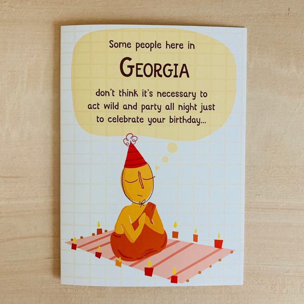 Party All Night in Georgia Birthday Card with figure doing mediation on the front