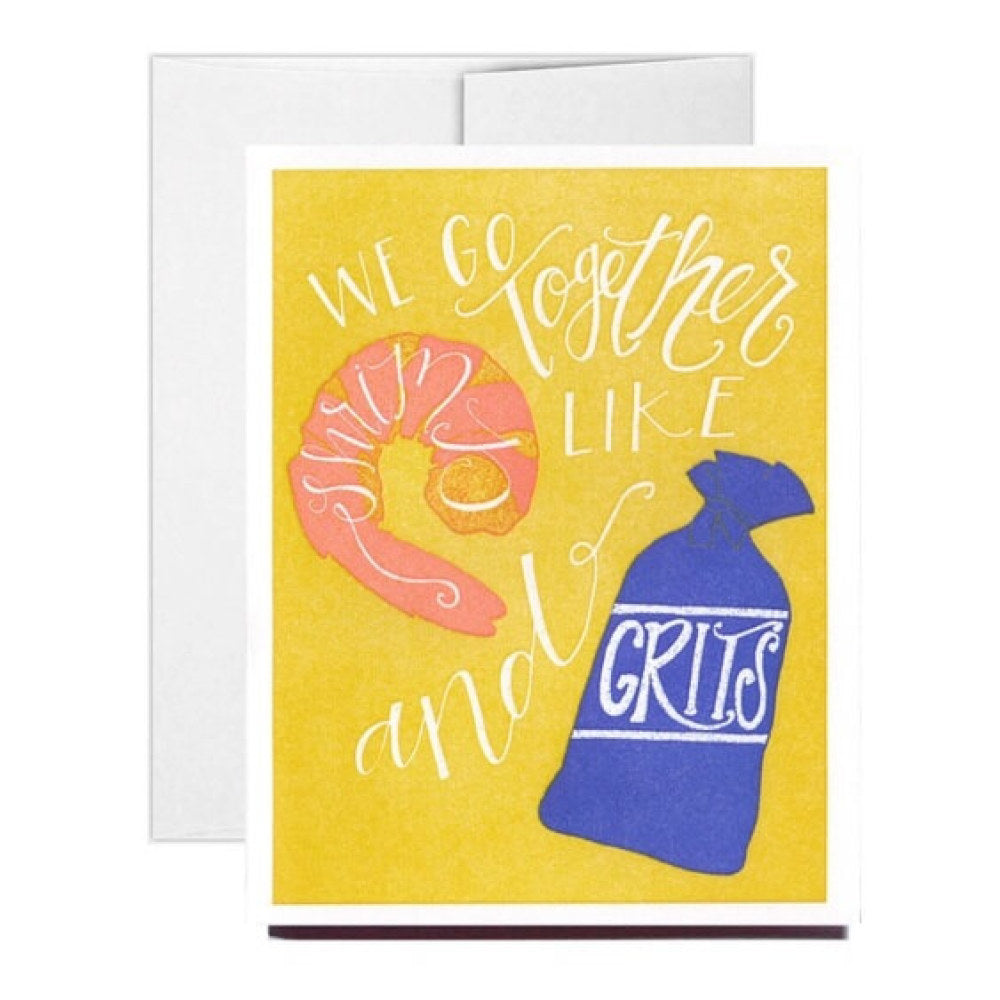 Blank inside greeting card that says We Go Together Like Shrimp and Grits on the front.