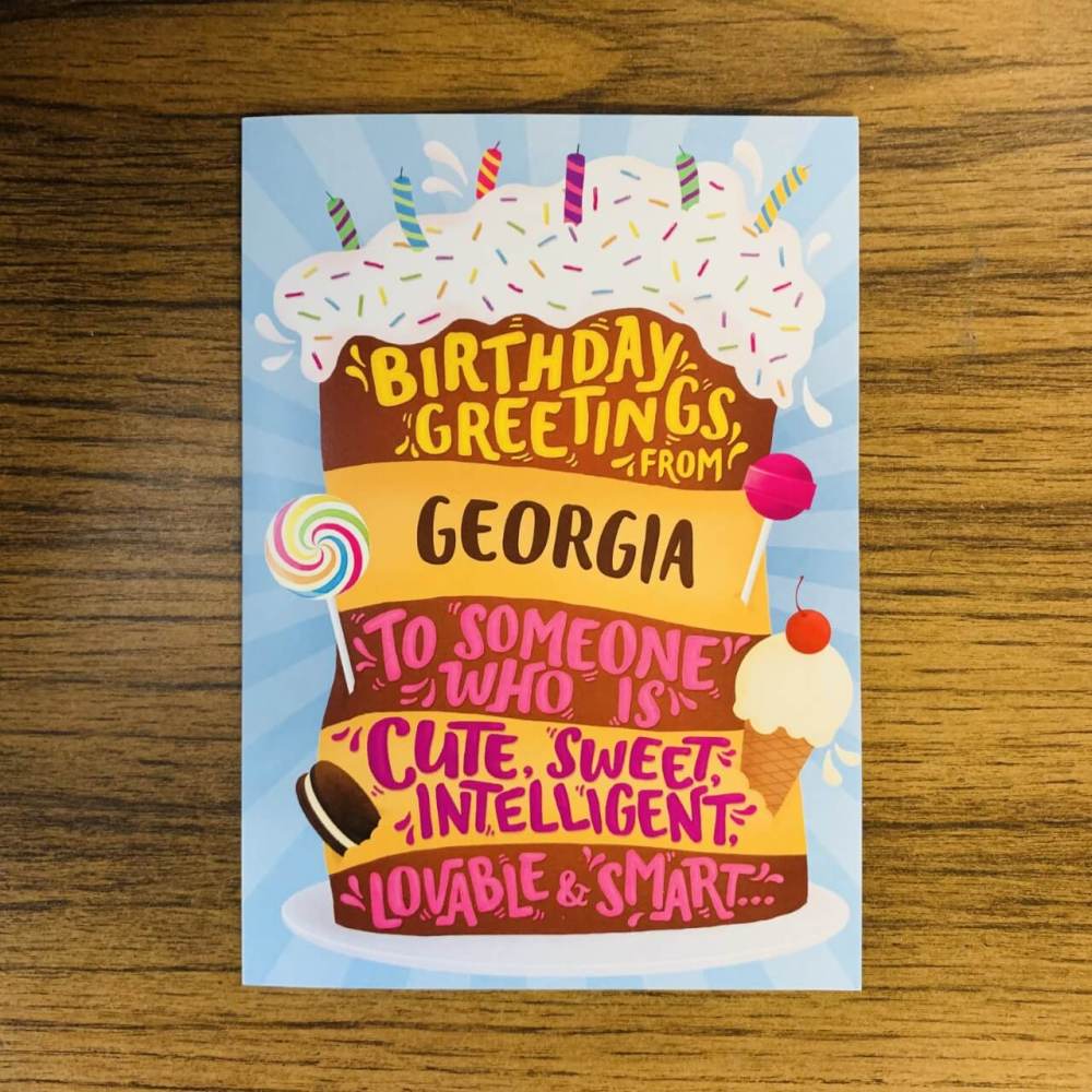 Birthday Card from Georgia with birthday cake on the front