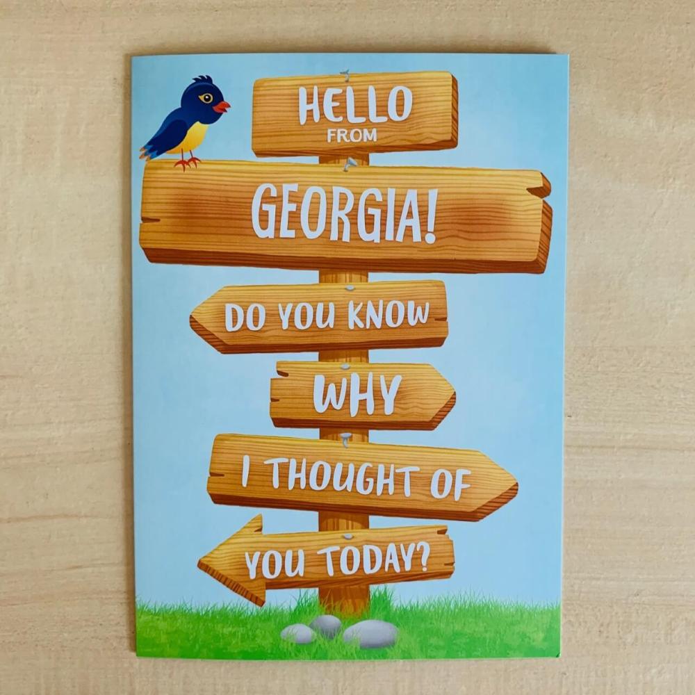 Hello from Georgia greeting card with wooden directional sign post.