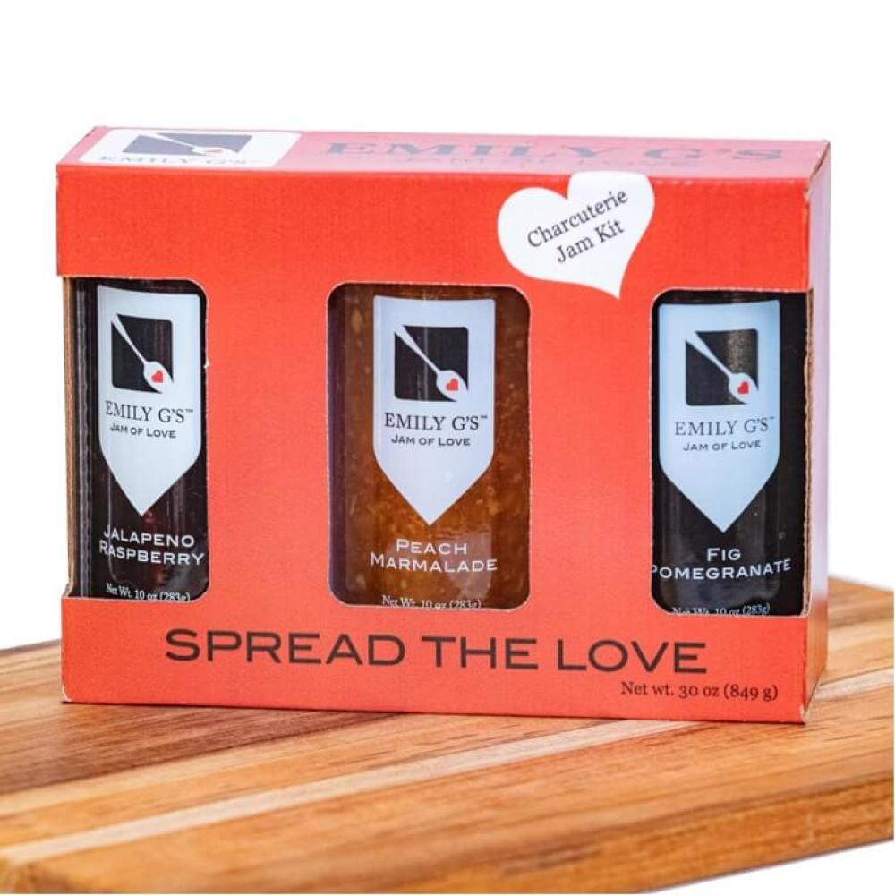 Red spread the love gift box with three jam flavors: peach marmalade, jalapeno raspberry and fig pomegranate