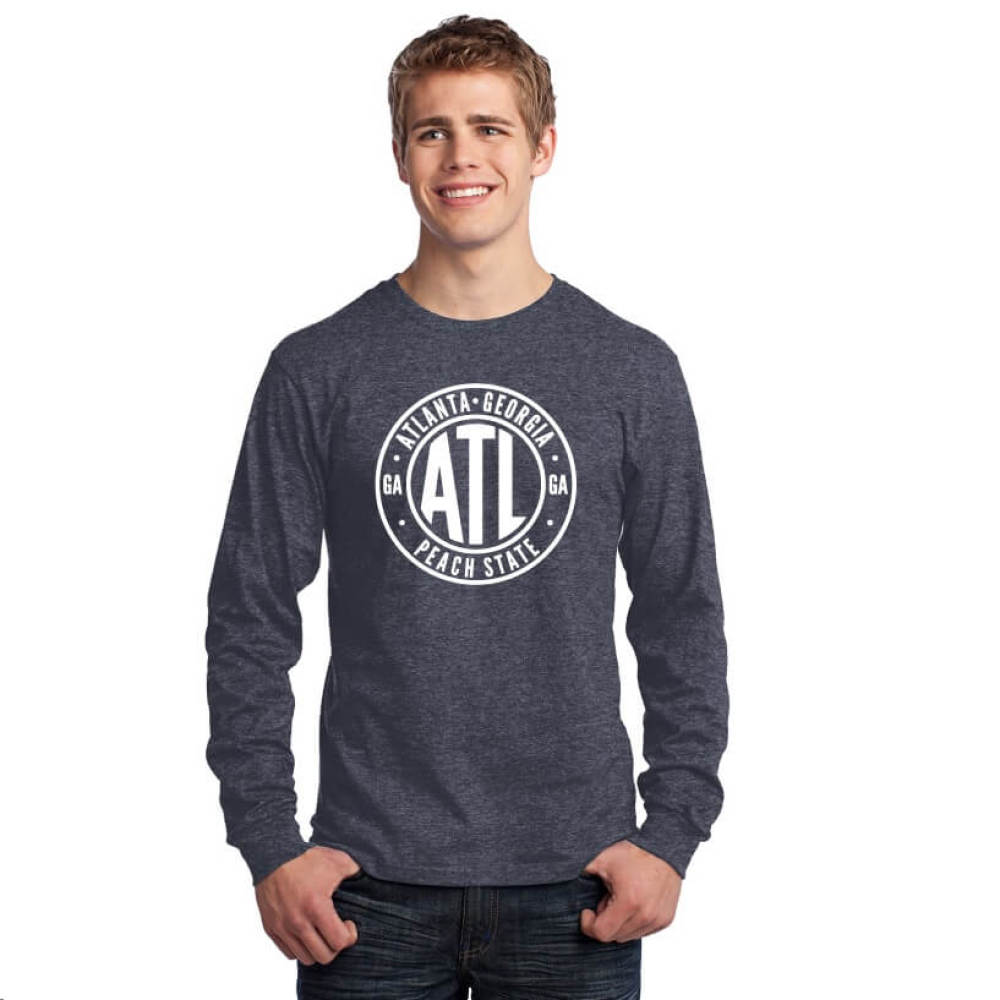 Man wearing long sleeve Atlanta t-shirt with circle ATL design on front