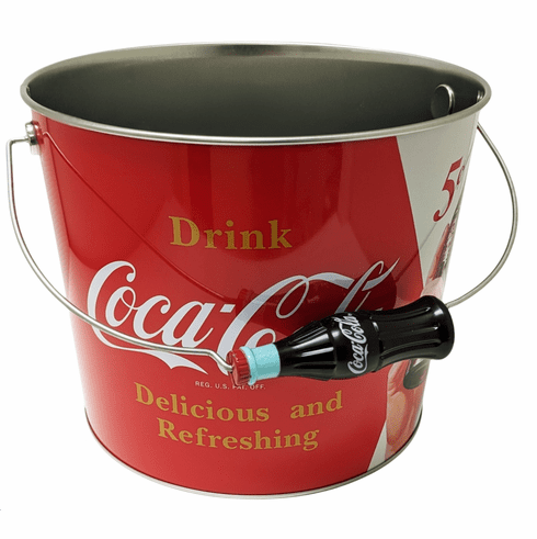 Coca-Cola branded metal ice bucket with bottle opener on a white background