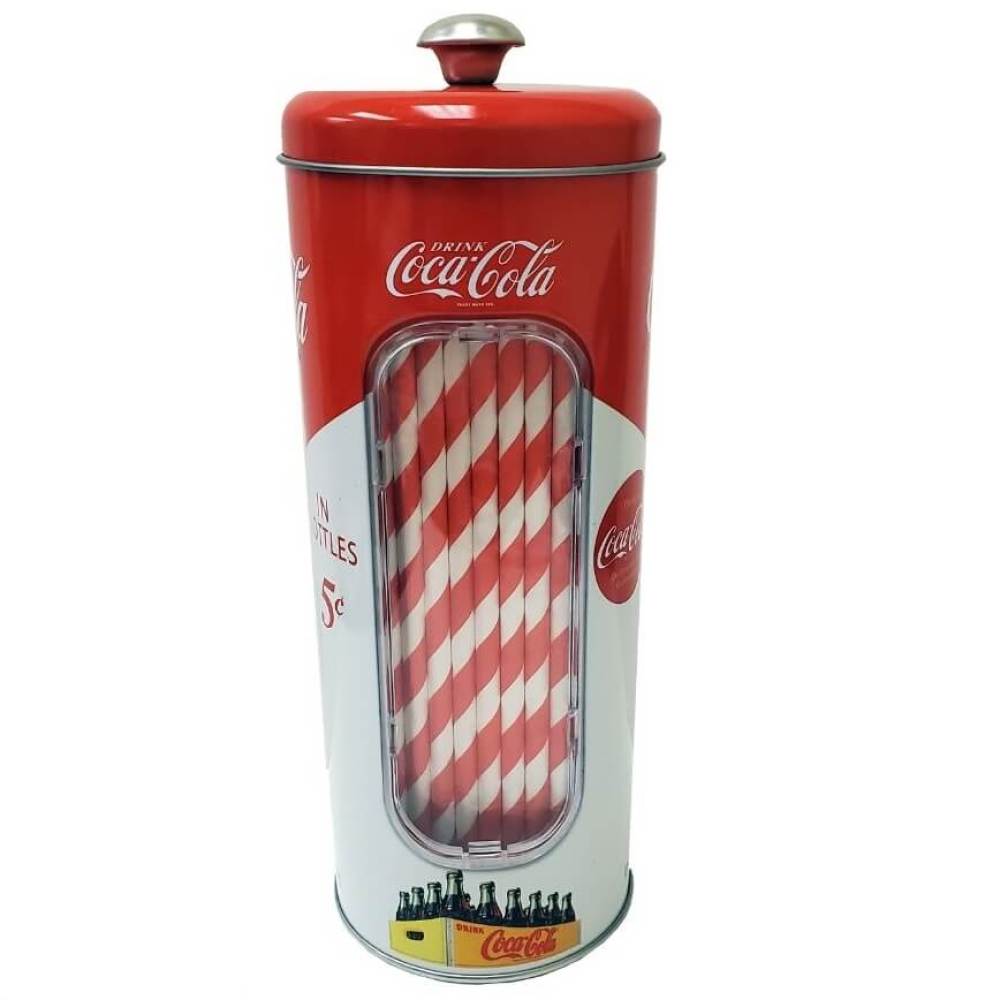 Cylinder Shaped Coca Cola Vintage Straw Holder and includes red and white paper straws