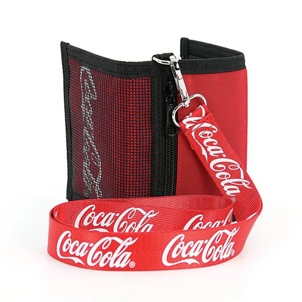 Red and black wallet with strap with Coca-Cola logo on a white background