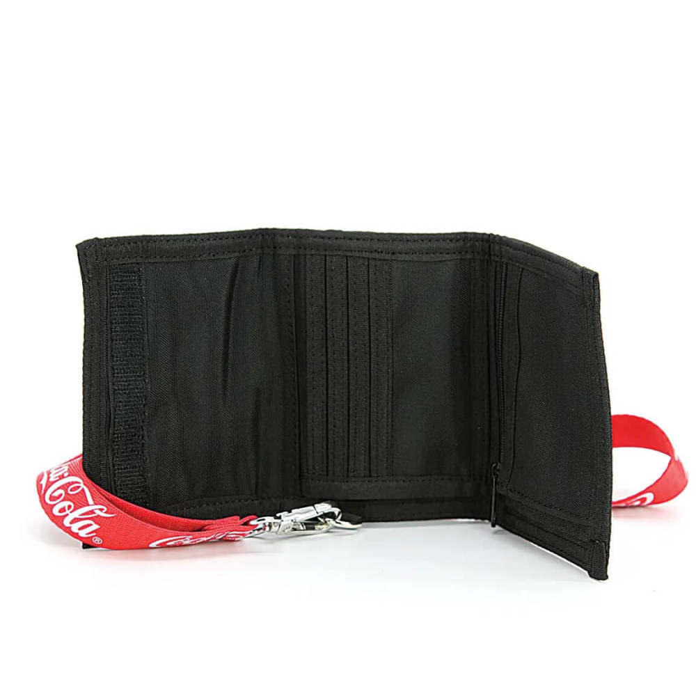 Inside view of Black trifold wallet with a red Coca Cola strap on a white background
