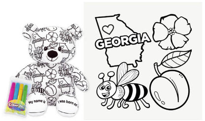 Color Me Georgia teddy bear with coloring graphics of a teddy bear, Georgia outline, bee, peach, and coloring markers.