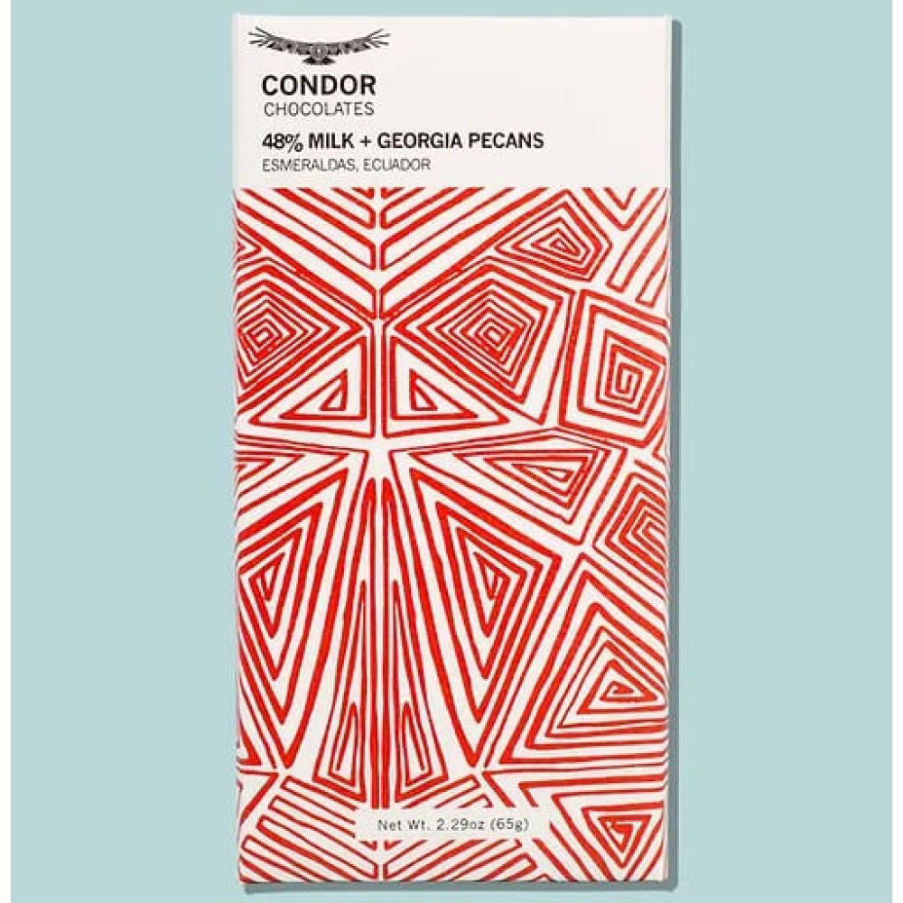 Handmade milk chocolate bar with Georgia pecans in red and white wrapper