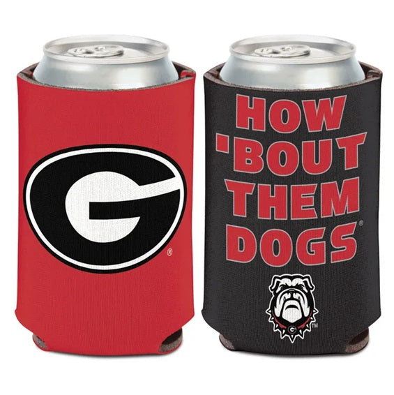 Front and Back view of red and black Georgia Bulldogs can cooler standing side by side on a white background, each holding a silver can. One cooler is red with a large black and white bulldog logo, and the other is black with red text reading &