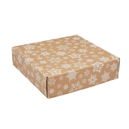 A square brown kraft paper gift box with a white snowflake pattern, shown on a plain white background.