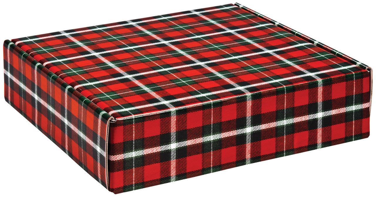 A square gift box with a red, black, and white tartan plaid pattern, shown on a plain white background.