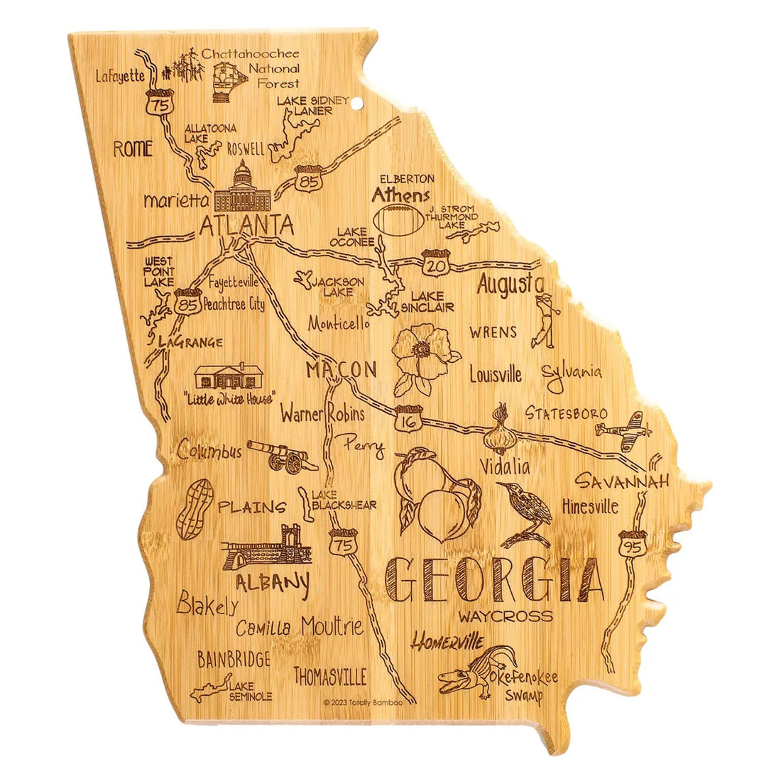 Wooden cutting board map of Georgia with engraved landmarks and cities