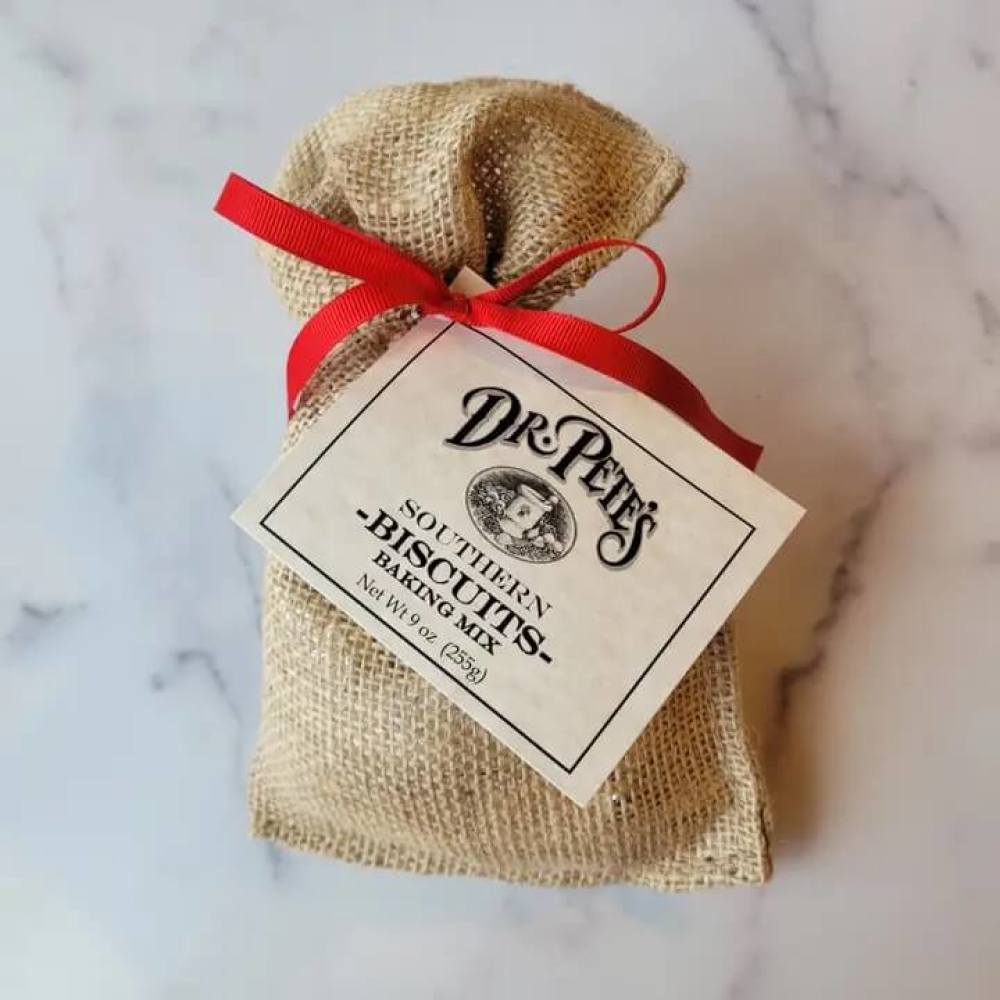 Burlap bag of biscuit mix tied with ribbon