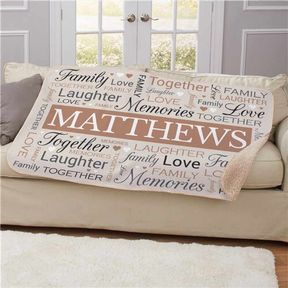 Tan sherpa blanket with family word art on the front is personalized with your family name
