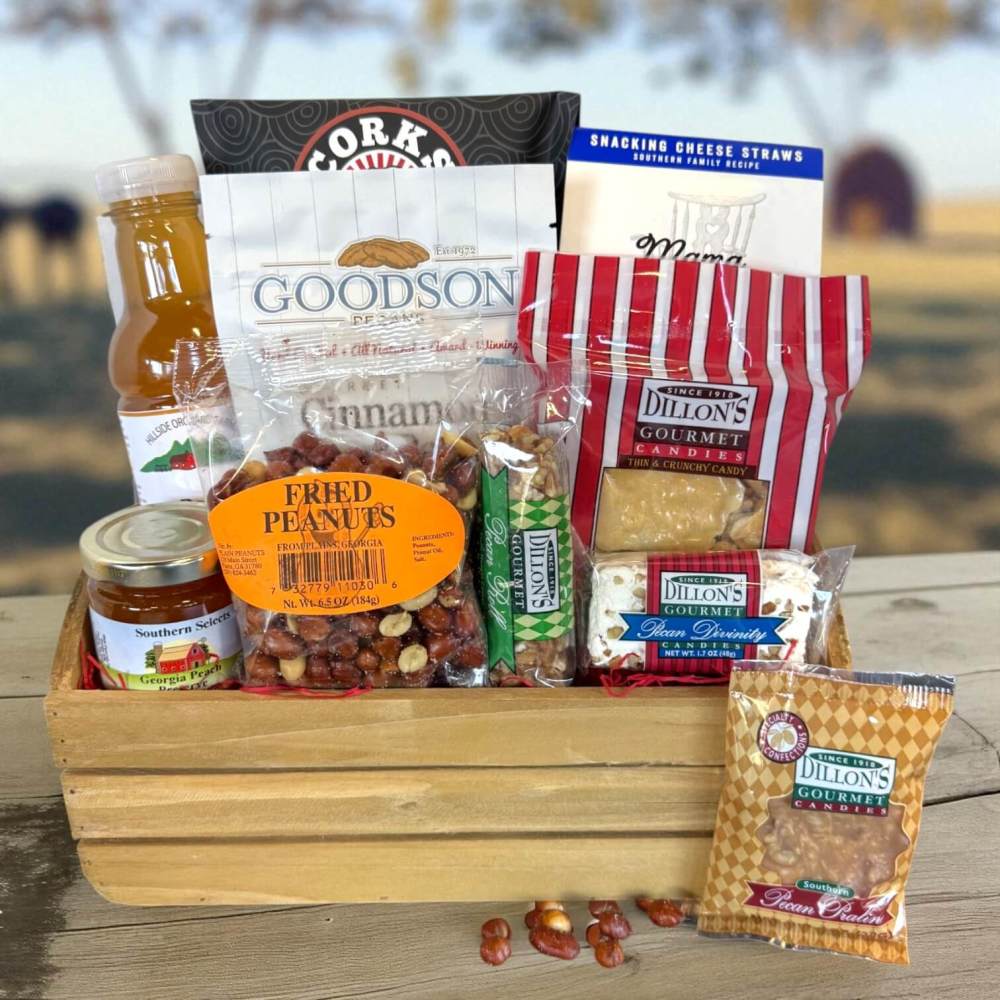 Farmhouse Georgia Basket with peanut brittle, Georgia pecans, peach preserves and assorted snacks