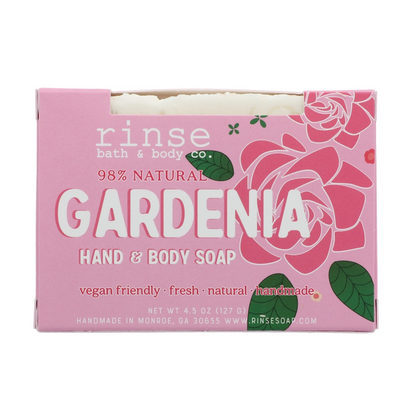 Gardenia hand and body soap with pink packaging featuring a rose design.