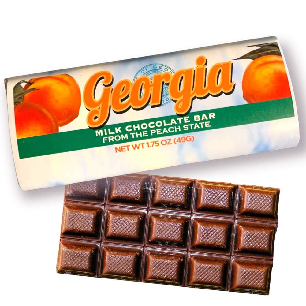 Milk chocolate candy bar with Georgia the Peach State wrapper