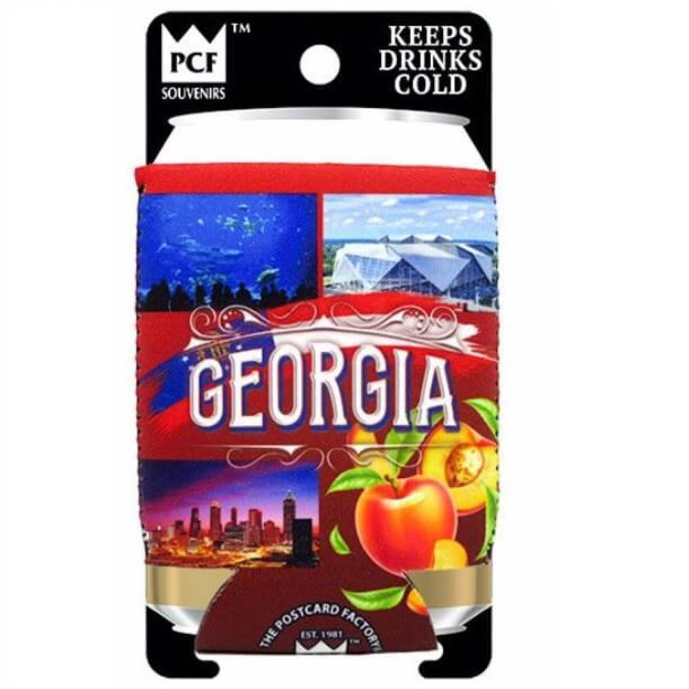 Drink coozie can holder with iconic images of Georgia on both sides