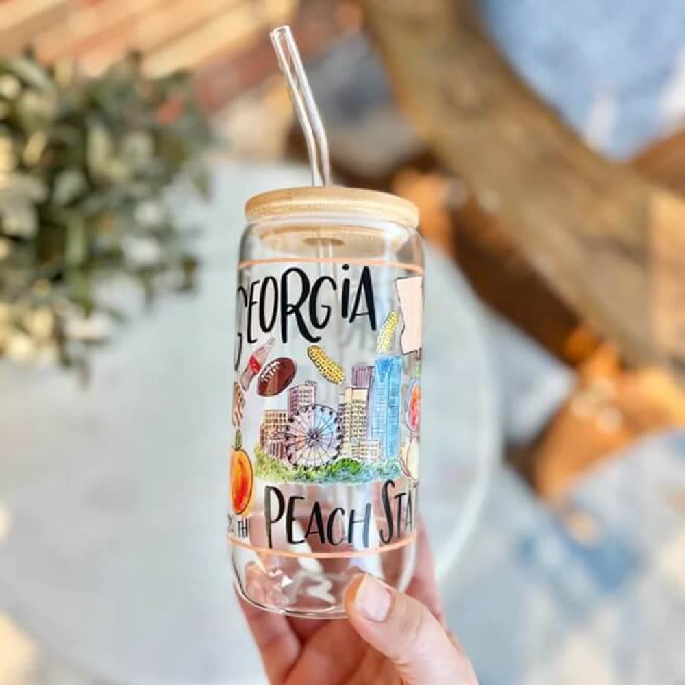 Glass tumbler and straw features iconic images of Georgia