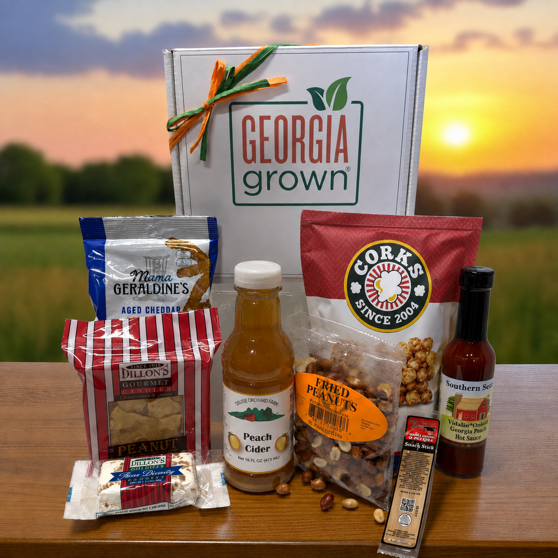 A curated snack and beverage gift box of popcorn, peanut brittle, hot sauce, nuts and cider arranged on a wooden table in front of a blurred sunset field background. The white box behind the items reads &