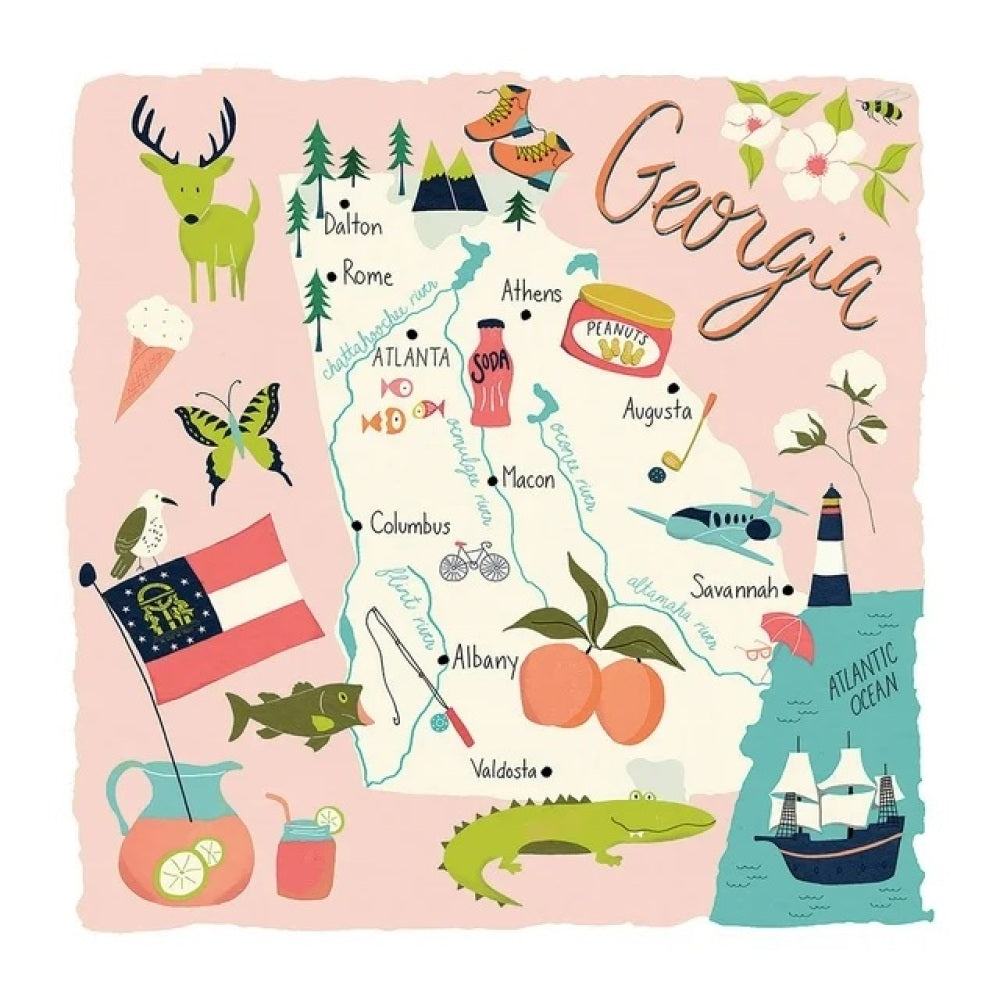 Illustrated map of Georgia with various icons and landmarks on a peach background
