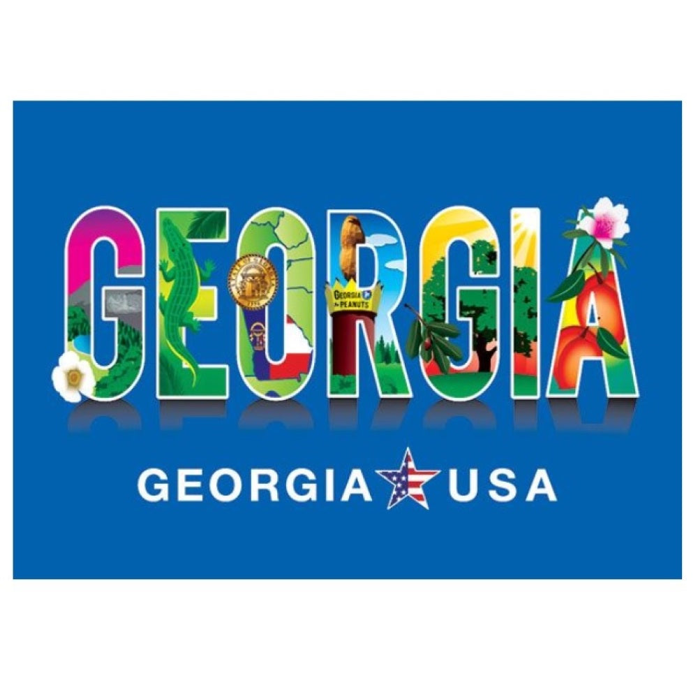 Blue Georgia magnet features iconic images from the state of Georgia inside each letter of the word Georgia