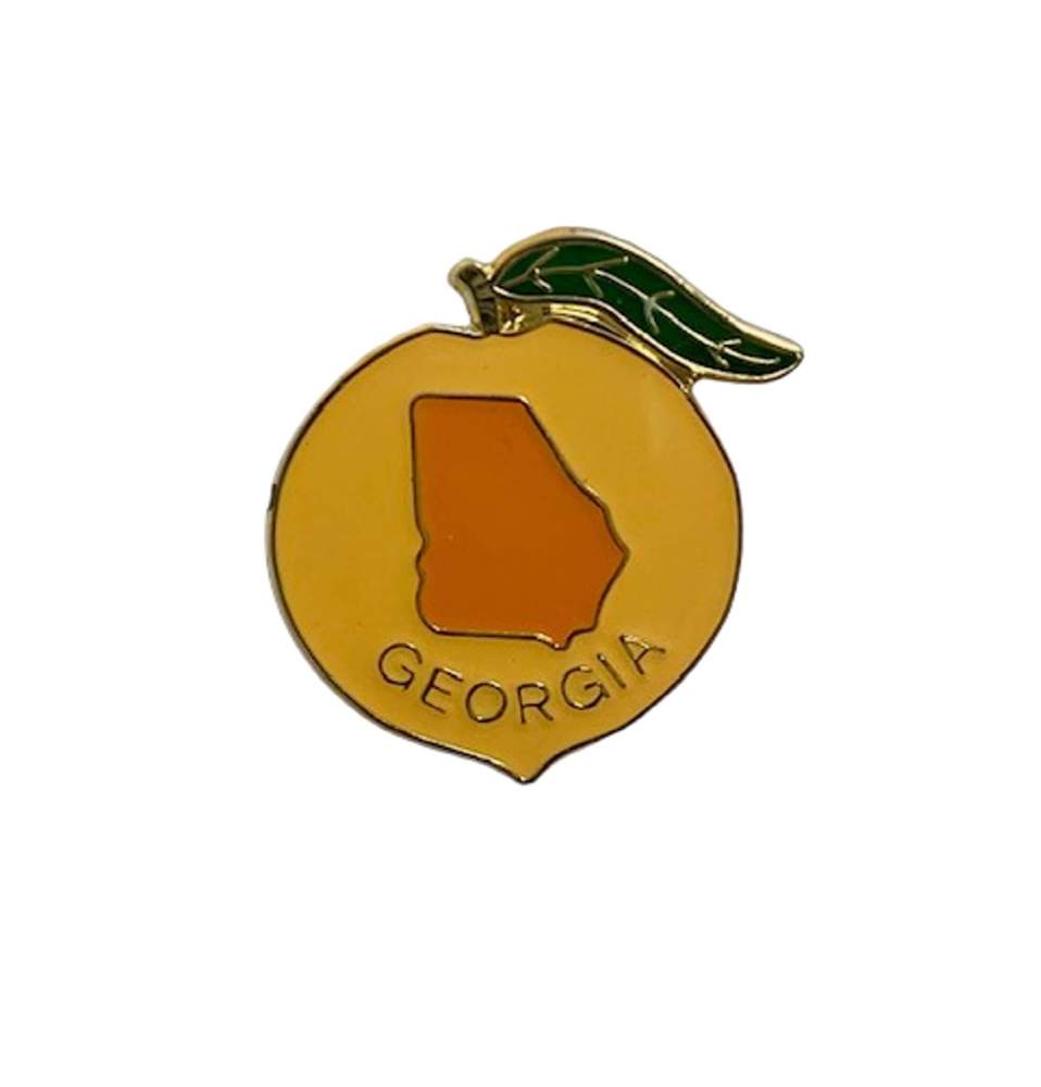 Peach shaped lapel pin with the state of Georgia in the center
