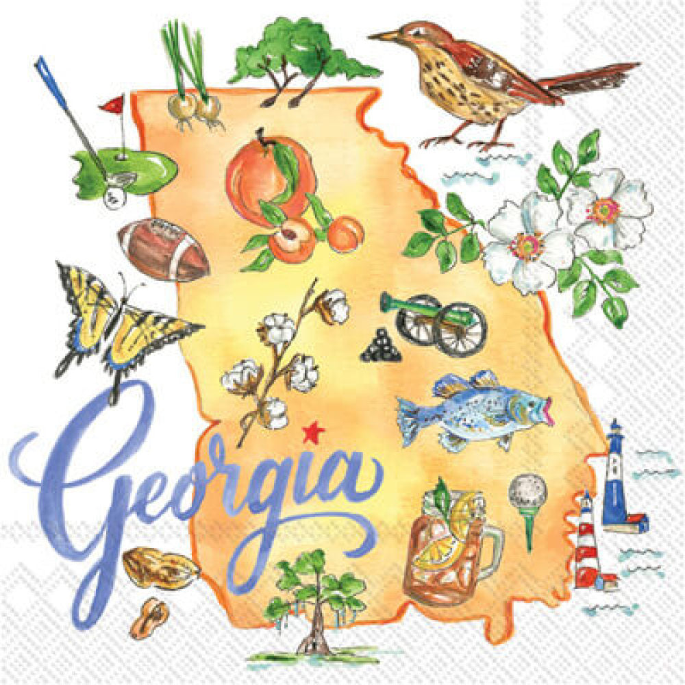 Package of square beverage napkins with illustrations of things around Georgia