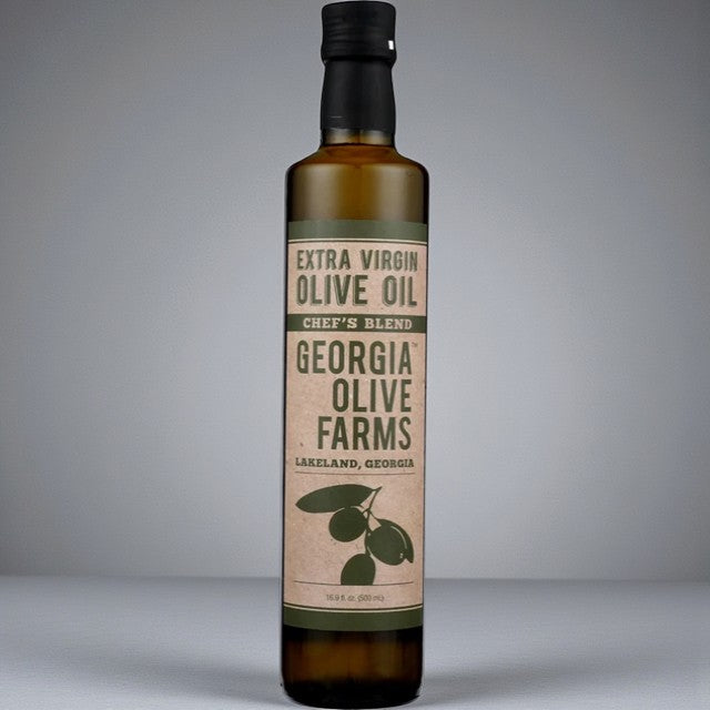 Bottle of Georgia Olive Farms Extra Virgin Olive Oil on a gray background